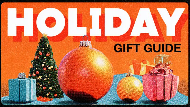 "Holiday Gift Guide" is seen above a Christmas tree, presents, and an ornament | Illustration: Eddie Marshall | Midjourney