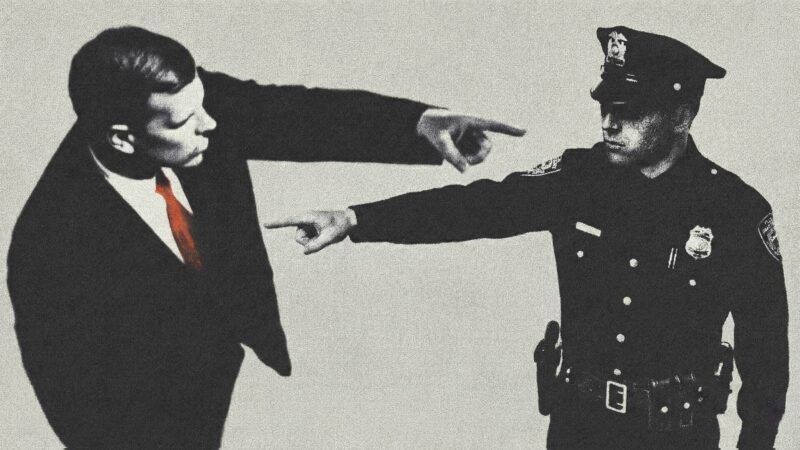 A man in a suit and a police officer point fingers at each other | Eddie Marshall | Midjourney | Nano Banana