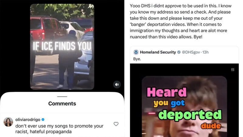 Screenshots of Department of Homeland Security social media posts | Photo, top: Theo Von’s response to a Department of Homeland Security post; X Photo, bottom: Olivia Rodrigo’s comment on a Department of Homeland Security post; Instagram