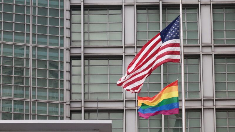 A rainbow flag and an American flag wave over the U.S. Embassy in Moscow in 2023. | Valery Sharifulin/ZUMAPRESS/Newscom