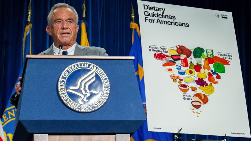 HHS Secretary Robert F. Kennedy Jr. standing with the new government dietary guidelines graphic | ANNABELLE GORDON/UPI/Newscom