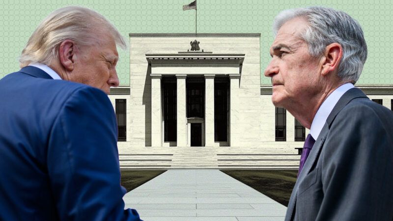 The Federal Reserve seen in the background with Trump on the left and Jerome Powell on the right | Photo: Daniel Torok/Midjourney