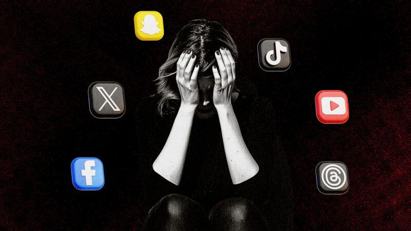 A woman with her head in her hands with social media apps around her head. |  Illustration: Midjourney