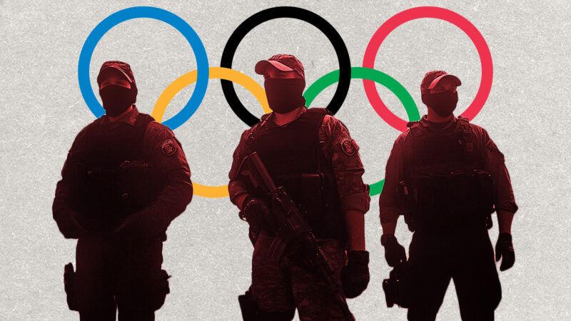 ICE agents in front of the Olympics logo | Illustration: Wikimedia Commons/Midjourney