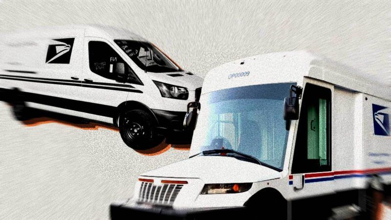 Illustration of a Ford eTransit and an electric Next Generation Delivery Vehicle made by Oshkosh Defense | Illustration: Eddie Marshall | Reddit | USPS