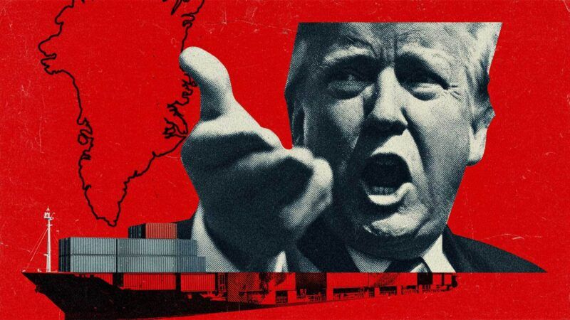 A red and black map of Greenland and a container ship with a black and white image of Trump in the foreground | Illustration: Eddie Marshall | Midjourney