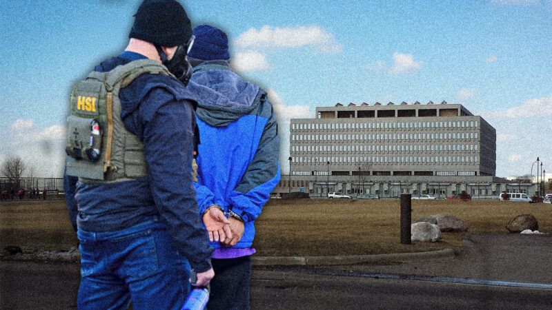 Law enforcement making an arrest, with federal building in the background | Illustration:   Christopher Oquendo/ZUMAPRESS/Newscom/Wikimedia Commons