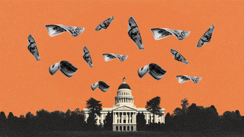 The California State Capitol, with money flying all around it. | Illustration: Feverpitched | Dreamstime | Wikimedia Commons | Midjourney