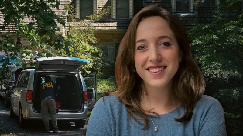 FBI agents raiding a suburban home; journalist Hannah Natanson. | Illustration: CNP for NY Post/picture alliance / Consolidated News Photos/Newscom/The Harvard Crimson