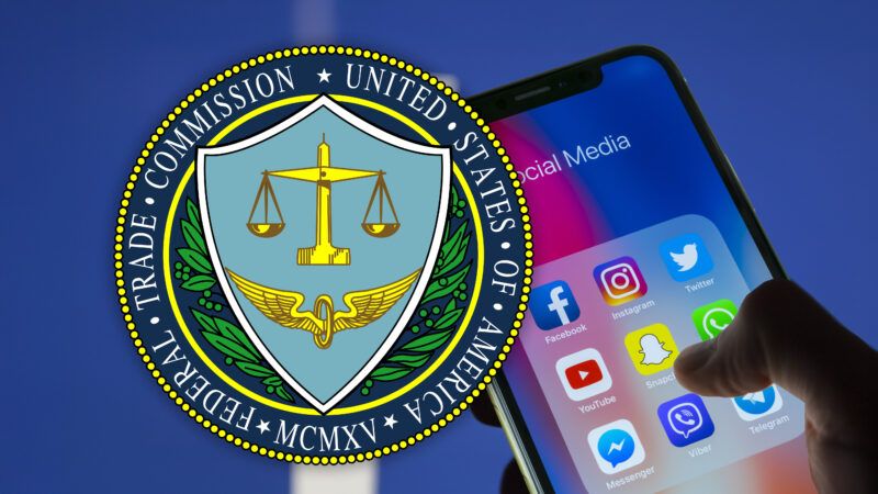 Illustration featuring a smartphone with social media apps displayed beside an FTC logo | Illustration: Inkdropcreative1/Bigtunaonline/Dreamstime/Wikimedia Commons