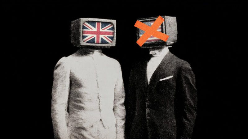 Against a black background, a body of a person wearing all white whose head is replaced by a TV set showing the British flag, next to the body of someone wearing a dark suit whose head is replaced by a TV set showing the American flag with orange tape over it. | Illustration: Midjourney