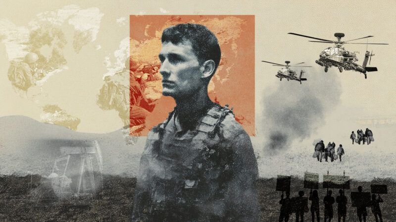 A yellow, gray, and orange tinted image with a world map, depictions of war, and a soldier in the middle | Illustration: Svetlana Dubovetcaia | Dreamstime.com | Pavel Bernshtam | Dreamstime.com | Brian Johnson | Dreamstime.com | Brett Critchley | Dreamstime.com | Jerome Cid | Dreamstime.com | Rawpixelimages | Dreamstime.com | Midjourney