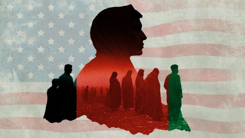 Silhouettes of Afghan refugees in front of American flag. | Illustration: Midjourney/Wikimedia Commons