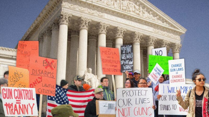 Picketers hold signs supporting and opposing gun control outside the Supreme Court | Illustration: Dmcdesign/Gary Blakeley/Sheila Fitzgerald/Dreamstime