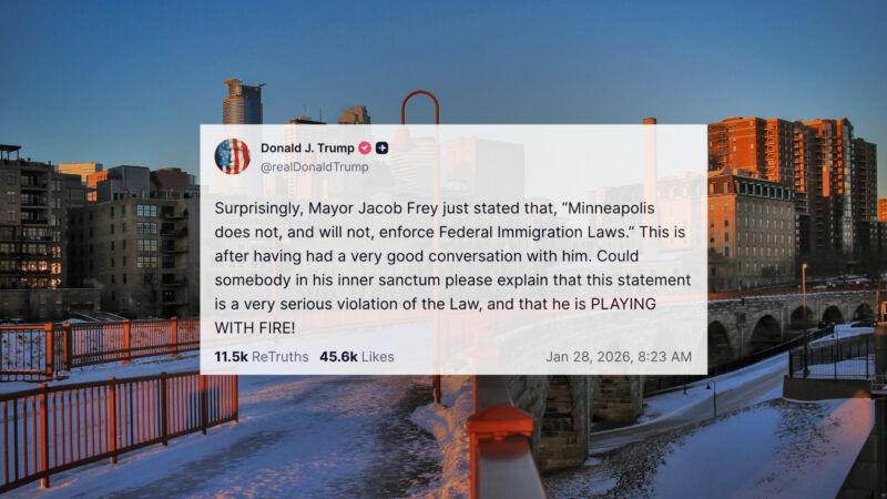 President Donald Trump's post on Truth Social, against the backdrop of Minneapolis. Text of the post: "Surprisingly, Mayor Jacob Frey just stated that, 'Minneapolis does not, and will not, enforce Federal Immigration Laws.' This is after having had a very good conversation with him. Could somebody in his inner sanctum please explain that this statement is a very serious violation of the Law, and that he is PLAYING WITH FIRE!" | Illustration: Marynag/Dreamstime/Truth Social