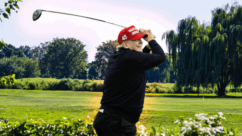 President Donald Trump swinging a golf driver, wearing dark clothes and a red baseball hat, pictured against an edited background of a sunny, green golf course. | Illustration: Eddie Marshall | Mirrorpix | MEGA |Newscom | ASLON2 | Newscom | Midjourney