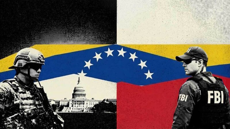 A U.S. soldier and an FBI agent against a backdrop of the Venezuelan flag and the U.S. Capitol | Eddie Marshall | Midjourney
