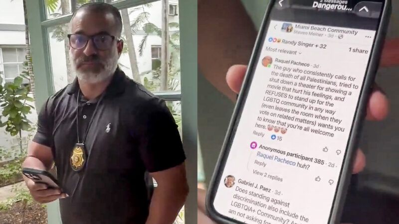 Miami beach detective on the left, a phone screen showing comments on the right | Villgecrazylady/X
