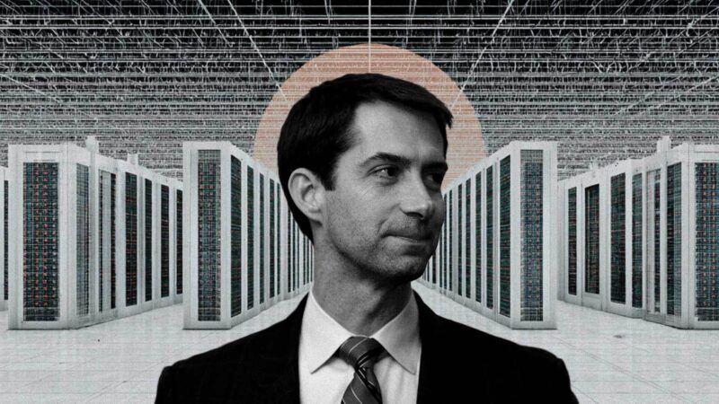Sen. Tom Cotton (R–Ark.) and a row of data servers. | Illustration: Eddie Marshall | Michael Vadon | Midjourney