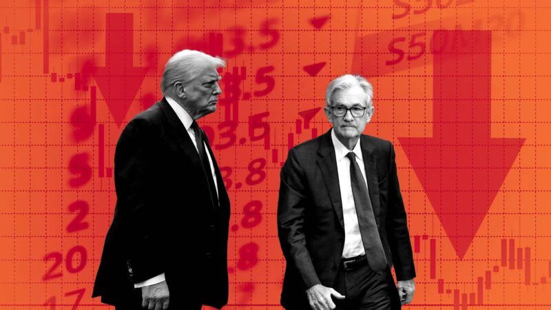 President Donald Trump and Jerome Powell, with a down red arrow. | (Illustration: Eddie Marshall | Aaron Schwartz | picture alliance| Consolidated News Photos | Aaron Schwartz | Sipa USA | Engdao Wichitpunya | Dreamstime.com | Newscom)
