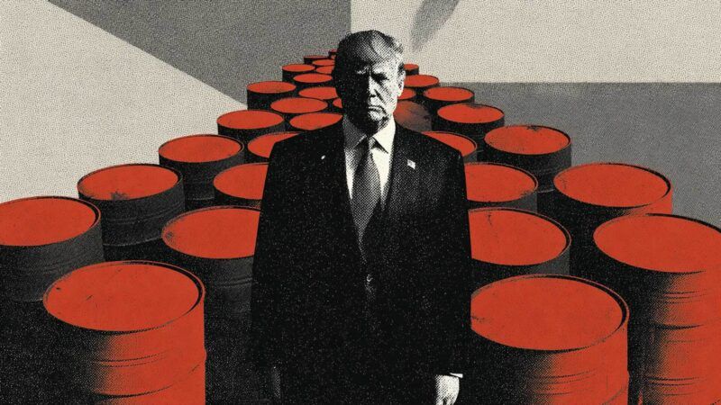 President Donald Trump stands in front of many rows of oil barrels. | Illustration: Eddie Marshall | Midjourney