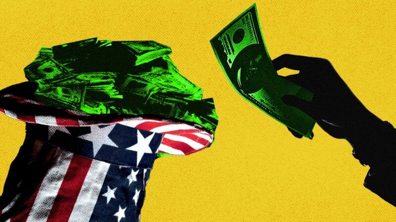 A hand pulls cash from a U.S. flag hat full of money. | Illustration: Adani Samat