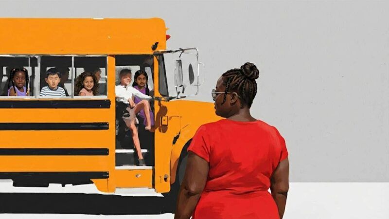 A woman faces a school bus full of children. | Illustration: Eddie Marshall | Midjourney | Nano Banana