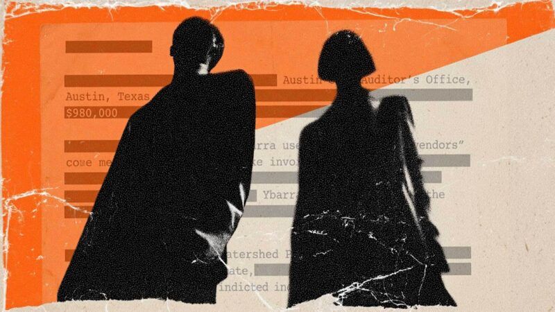 Two shadowy figures against the backdrop of an Austin, Texas auditor's report about the Ybarras. | Illustration: Eddie Marshall | Midjourney