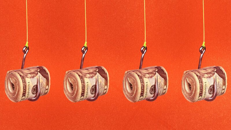 Rolled up dollar bills on fishhooks | Envato