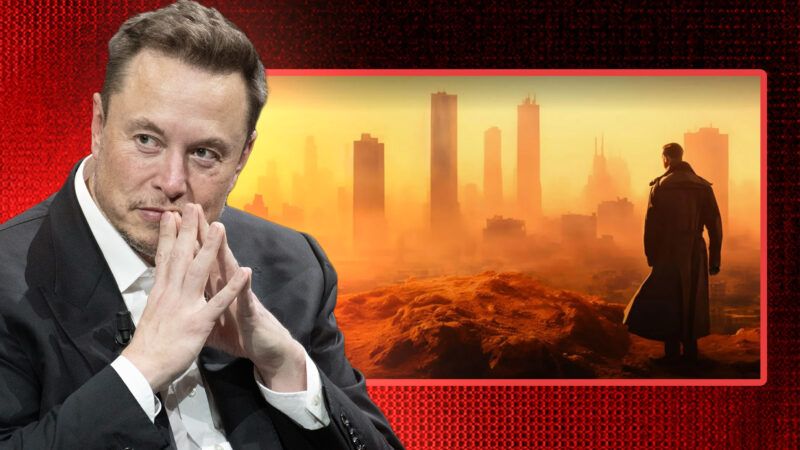 An illustration of Elon Musk in front of the AI-generated image shown at the October 2024 Cybercab showcase. | Credit: Frédéric Legrand/Dreamstime/Tesla