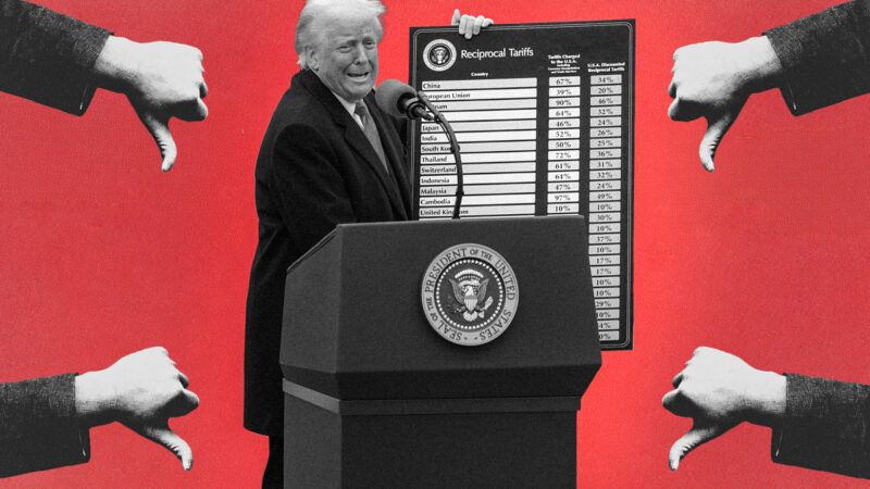 Illustration of downward thumbs and President Donald Trump holding up his reciprocal tariff chart | Credit: Andrew Leyden/ZUMAPRESS/Newscom/Midjourney