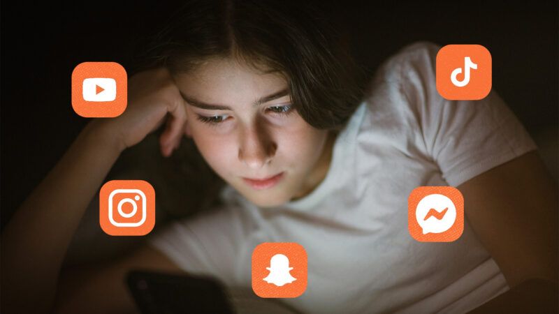 A teen looking at a smartphone, with the logos of YouTube, TikTok, Instagram, Messenger, and Snapchat around her | Envato