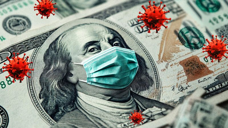 A medical mask and virus images around Ben Franklin on the $100 bill | Illustration: Midjourney