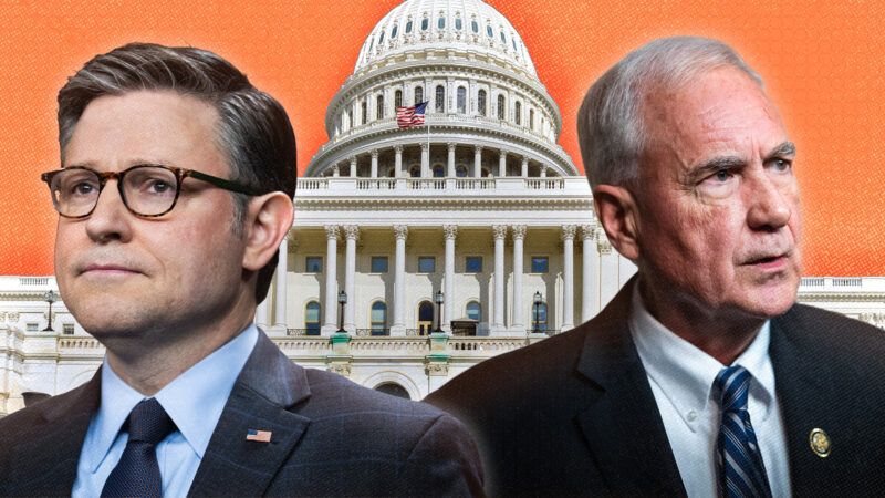 House Speaker Mike Johnson, Representative Tom McClintock and the U.S. Capitol Building in front of an orange background | Credit: Tom Williams/CQ Roll Call/Newscom/Envato