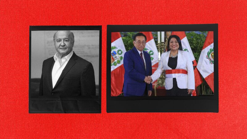 Illustration featuring a photo of Peruvian President José María Balcázar swearing in Denisse Miralles as prime minister next to a black-and-white photo of Hernando de Soto | Illustration: Hugo Perez/El Comercio de PERU/Newscom/ANDINA/Prensa Presidencia