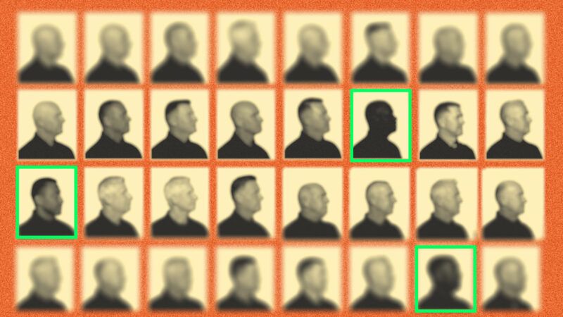 Against an orange background, 32 headshots of men, and 29 of the men are white and three of them are black. | Illustration: Midjourney