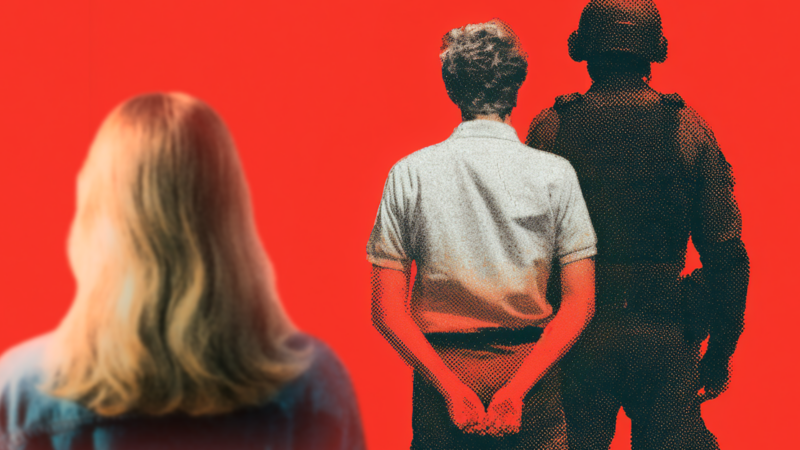 A woman watching a man be arrested, with a law enforcement officer next to him | Midjourney