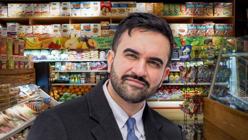 Zohran Mamdani seen in front of grocery offerings | Illustration: Lev Radin/Sipa USA/Newscom/Tea/Dreamstime