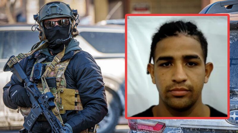 a photo of Julio C. Sosa-Celis next to a photo of an armed and masked immigration agent | DHS/Holden Smith/Zuma Press/Newscom