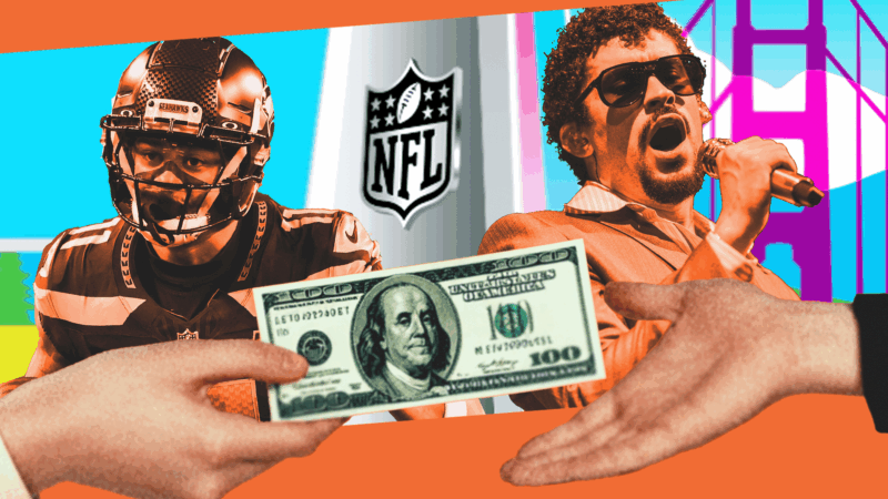 A collage of a Seattle Seahawks player, Bad Bunny singing into a microphone, a drawing of the Golden Gate Bridge, a $100 bill getting passed between hands, and the lower part of the Vince Lombardi Trophy. | Credit: Ramon "Tonito" Zayas/Joe Robbins/Icon Sportswire 573/Joe Robbins/Icon Sportswire/Newscom/Midjourney/NFL