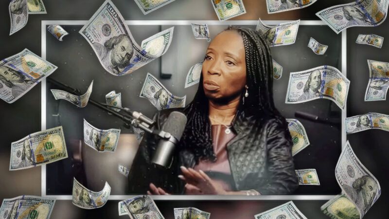 Tracy Jones speaks into a microphone, while illustrative money flies around her. | Illustration: WSB-TV/Kacpura/Dreamstime