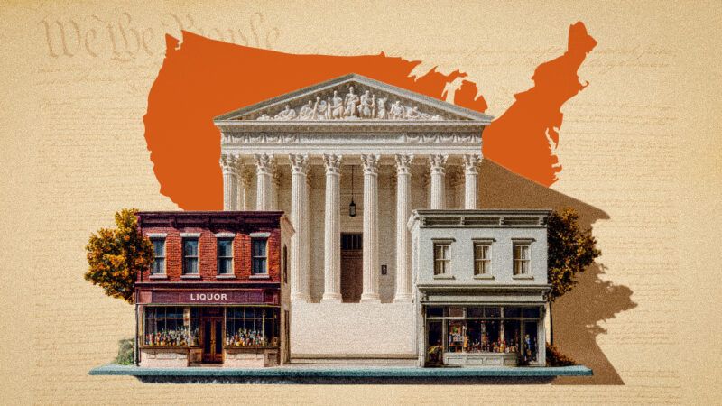 A map of the United States, with the US Supreme Court and liquor stores in front. | Illustration: Onur Ersin/Dreamstime/Midjourney
