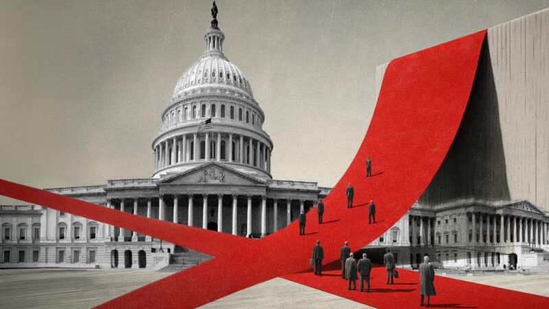 The U.S. Capitol is covered in a ribbon of red tape. | Illustration: Paul Hakimata/Dreamstime/Midjourney