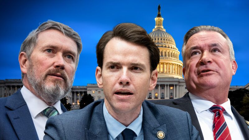 Illustration featuring Thomas Massie, Kevin Kiley, and Don Bacon (left to right) with the Capitol in the background | Illustration: Tom Williams/CQ Roll Call/Michael Brochstein/Sipa USA/Tom Williams/CQ Roll Call/Newscom/Keith Lamond/Dreamstime