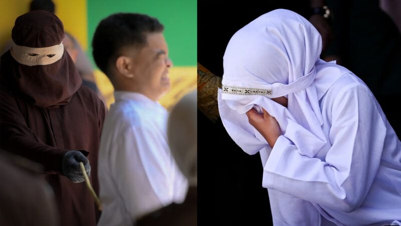 A man and woman are beaten with a cane in Indonesia. | Illustration: New York Post/AFP via Getty Images/NurPhoto via Getty Images