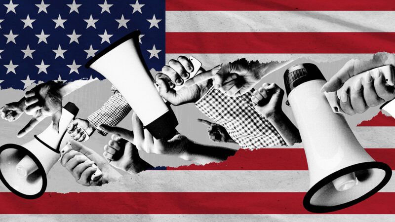 An illustration with megaphones in the foreground and the American flag in the background | Illustration: master1305/iStock