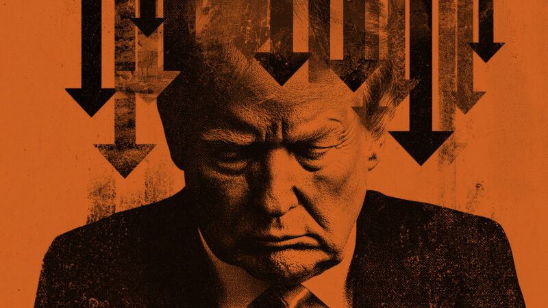 Black arrows point down above the head of President Donald Trump. | Illustration: Midjourney