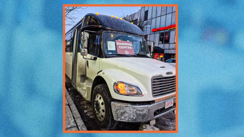 New York City bus with "Warming Bus" sign in the window. | NYC Emergency Management
