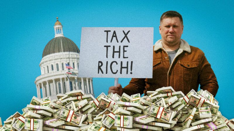 A man holds a "Tax the rich!" sign while standing over piles of cash | Illustration: Andreykr/Digitalstormcinema/Anatoly Epaneshnikov/Dreamstime