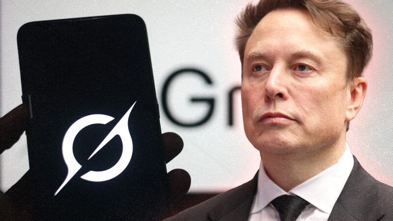 A smartphone with the Grok logo on the left, Elon Musk on the right, and a background with Grok branding | INA Photo Agency/Sipa USA/Newscom/Gage Skidmore/ZUMAPRESS/Newscom